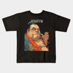 Puff Sumo Smoking a Cigar: "I Smoke Cigars in Moderation; One Cigar at a Time"  on a dark (Knocked Out) background Kids T-Shirt